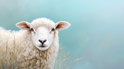 Fototapeta premium A serene portrait of a sheep with a soft, blurred background, capturing the tranquility of rural life.