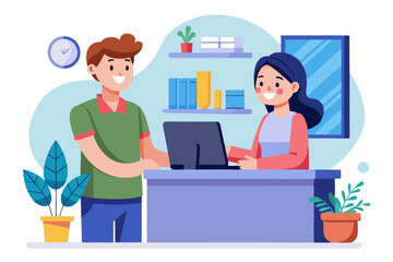 Friendly Receptionist Assisting a Client - Flat Vector Illustration of Professional Customer Service Interaction
