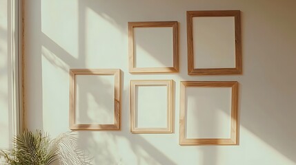 five wooden vintage frames in a stylish light minimalist interior analog film photography.,