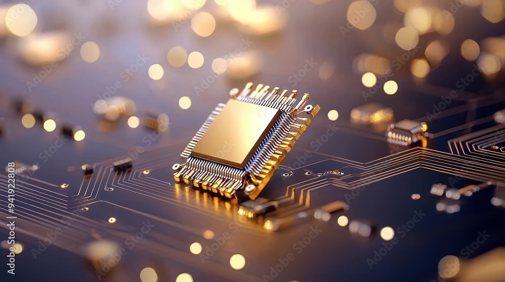 Poster close-up of a modern computer chip on a circuit board with glowing lights, symbolizing technology an