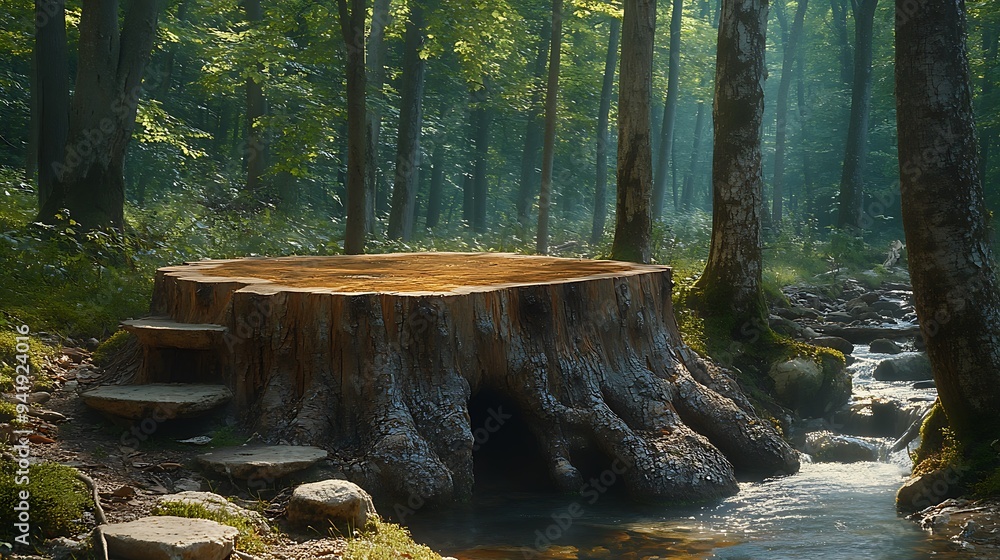 Poster a large tree stump with steps leading to its top, set against a backdrop of a lush green forest and 