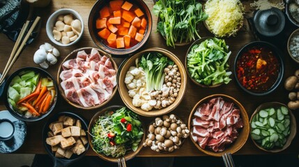 Fototapeta premium A top-down view of a shabu-shabu table with multiple bowls of raw ingredients including sliced meat, vegetables, and mushrooms, ready to be cooked in a shared hot pot.