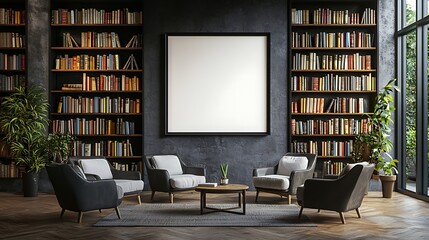 A mockup of an empty black frame on the wall in a modern reading room with armchairs and bookshelves