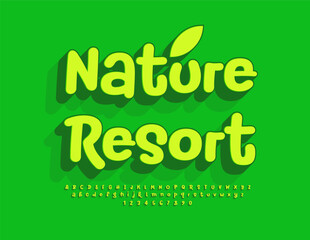 Vector eco advertisement Green Resort. Funny Bright 3D Font. Creative Alphabet Letters and Numbers set.