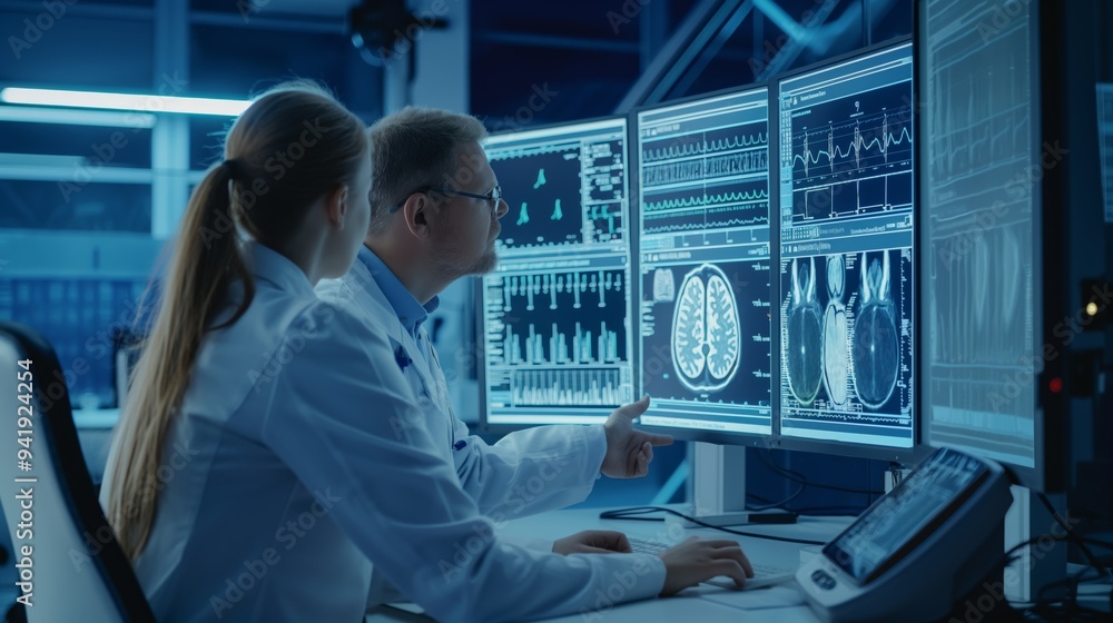 Poster Medical professionals in a high-tech laboratory analyzing detailed imaging results on multiple computer monitors, showcasing advanced diagnostic technology and collaborative work in modern medicine.