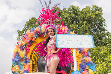 Carnival Performer in Elaborate Pink Costume on Parade Float