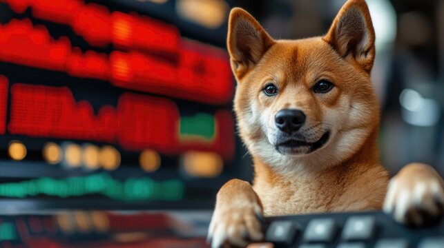 A Shiba Inu poses confidently in front of a vibrant cryptocurrency trading chart