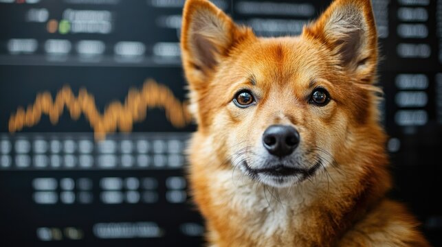 A Shiba Inu stands proudly before a cryptocurrency chart depicting market trends