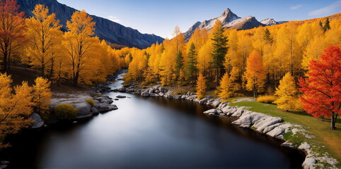 A stream flows in the autumn season. The trees have yellow and red leaves. AI generated