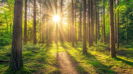 Obraz premium Sunbeams Through the Forest