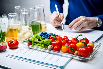 Food Quality Control: Scientists Testing Fruits and Vegetables in the Laboratory with Microscopes and Inspecting Grocery Specimens. Tomato, Capsicum