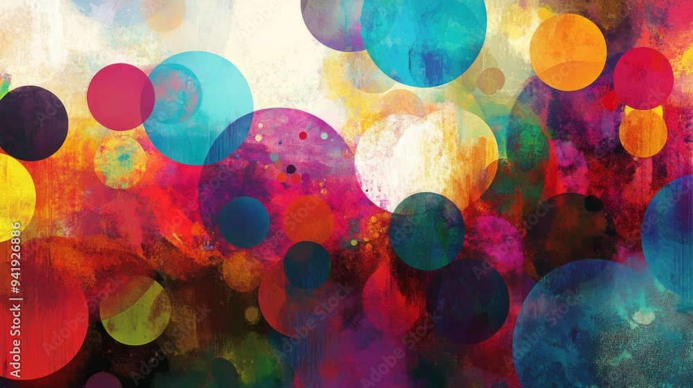Fototapete A vibrant, abstract design with overlapping circles and splashes of color, creating a playful and energetic visual effect.