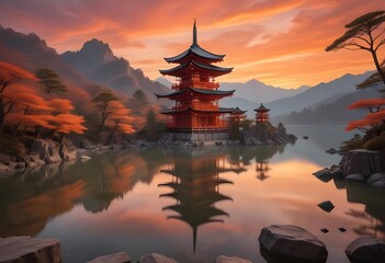 Obraz premium A traditional Japanese temple or shrine perched atop a tall, rocky cliff overlooking a dramatic sunset landscape with a glowing orange sky and reflective water below