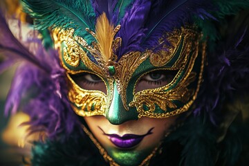 Mardi Gras carnival mask with green, purple and gold colors. Mardi Gras carnival background with decorative mask. Mardi Gras carnival mask with colorful feathers on dark background. Copy space area