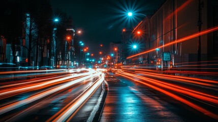 Fototapeta premium A vibrant city street illuminated by streetlights at night, with light trails from passing cars creating a dynamic and lively scene.