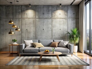 Elegant modern living room with sleek grey sofa against a textured concrete wall, surrounded by minimalistic decor and abundant natural light filtering through large windows.