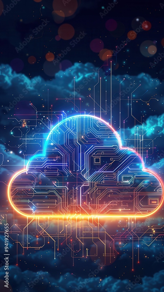 Poster futuristic cloud computing concept with glowing neon lights and digital circuitry against a dark bac