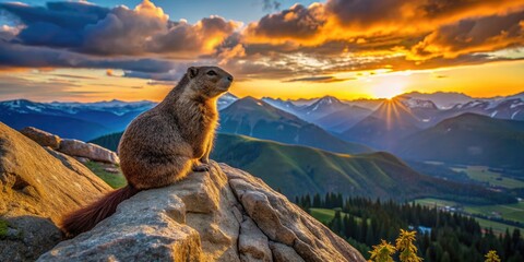 Sunrise Sentinel: Woodchuck perched on a rock, golden hour light, panoramic view, majestic