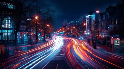 Obraz premium A vibrant city street illuminated by streetlights at night, with light trails from passing cars creating a dynamic and lively scene.