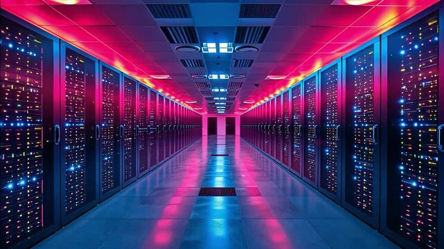 Modern Data Center with Neon Blue and Purple Lighting. Information Infrastructure Room for Digital Storage and Cybersecurity