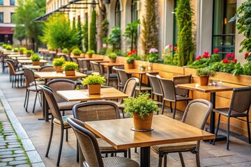 Obraz premium Empty outdoor dining area with tables spaced far apart, chairbacks facing outward, and potted plants separating tables to maintain physical distance.
