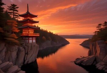 Obraz premium A traditional Japanese temple or shrine perched atop a tall, rocky cliff overlooking a dramatic sunset landscape with a glowing orange sky and reflective water below
