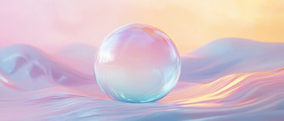 A clear sphere is floating on a blue and pink ocean