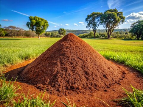 Elevated view of a large, intricately constructed fire ant mound in a sun-baked field, surrounded by scattered grass and earthy brown soil textures.