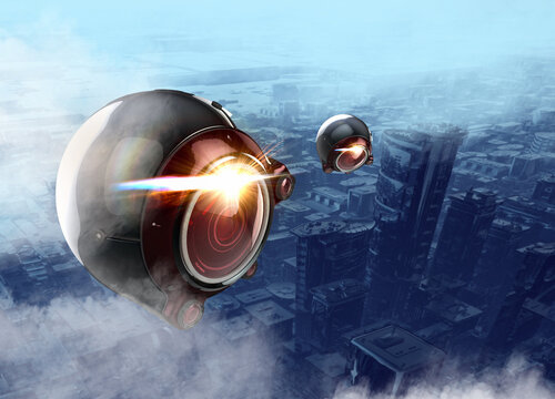 Drones over city, illustration
