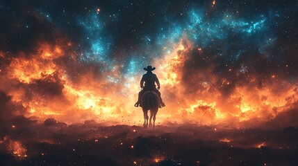 Fototapeta premium A lone cowboy rides a horse towards a fiery, starry sky.