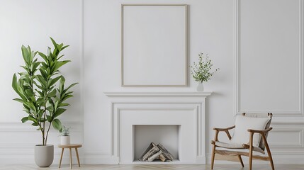 Fototapeta premium Scandinavian living room fireplace mantle interior with blank frame mock up on wall with minimalist furniture chair plant white