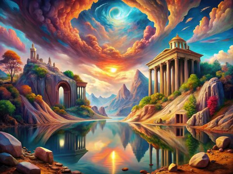 Surreal Corinthian Dreamscape: Strange and surreal imagery, otherworldly landscapes, dreamlike colors, distorted perspectives, subconscious exploration