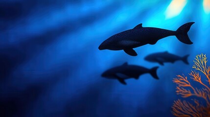 Fototapeta premium Underwater scene with sharks swimming gracefully among coral, showcasing the beauty of marine life in ocean depths