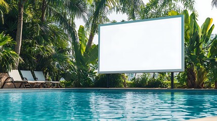 Large wide horizontal white blank billboard sign for advertisements on the edge of swimming pool, tropical environment. Business poster commercial board outdoors, marketing frame mockup for promotion