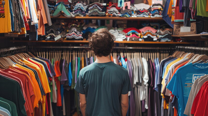Obraz premium A person choosing second hand T-shirt in a second hand clothing store.