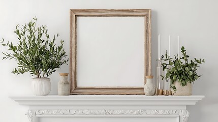 Empty frame on a white mantle with plants , blank mock up for art showcase