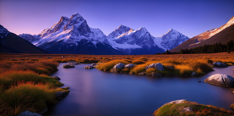 A river flows through a grassland with snow-capped mountains in the background.AI generated