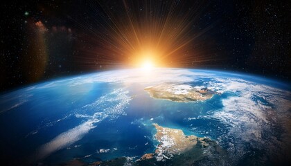 Earth from Space with Sun Shining Brightly.