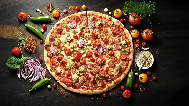 Italian pizza with fresh vegetables, crispy bacon, and melted mozzarella cheese on a perfectly baked crust