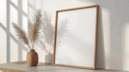 minimalist aesthetic frame mockup poster template on the table leaning on the white wall from side angle. wall in modern interior background. 50x70, 20x28, 20RP frame mockup poster