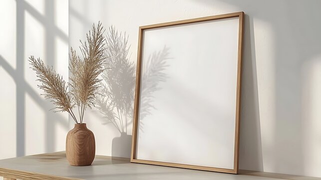 minimalist aesthetic frame mockup poster template on the table leaning on the white wall from side angle. wall in modern interior background. 50x70, 20x28, 20RP frame mockup poster