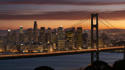 Obraz premium San Francisco Skyline with Oakland Bay Bridge at Sunset, Stunning California View.