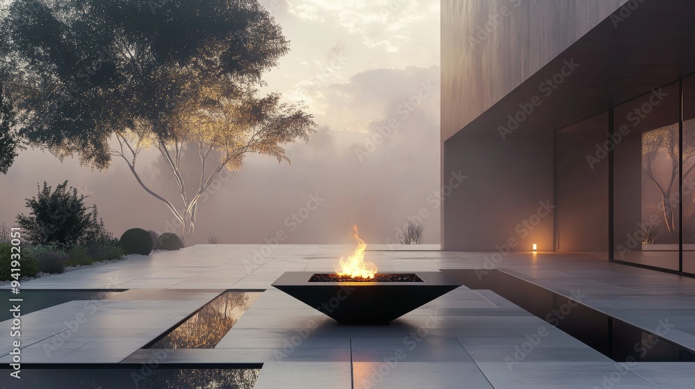 Aufkleber a fire pit is in the middle of a patio with a tree in the background