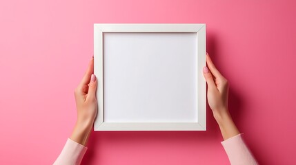 Top view of a female hands holding blank white square frame on pink background, frame mockup with copy space