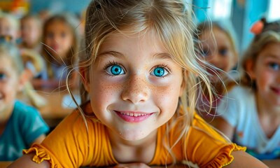 In a vibrant classroom filled with eager young learners, a girl with striking blue eyes beams with joy, surrounded by her classmates. Their excitement fills the air