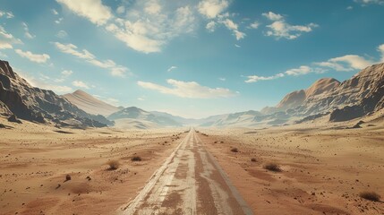 Naklejka premium Road made of asphalt surrounded by a desert and hills