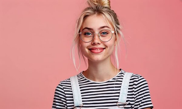 A joyful young woman with glasses and a striped shirt stands in front of a pastel pink backdrop, exuding confidence and warmth with her bright smile and playful demeanor