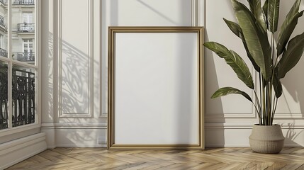 blank vintage picture frame standing on the floor of a parisian appartement - design/art mockup template