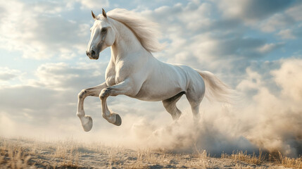 Obraz premium White Horse Leaping Through Dust