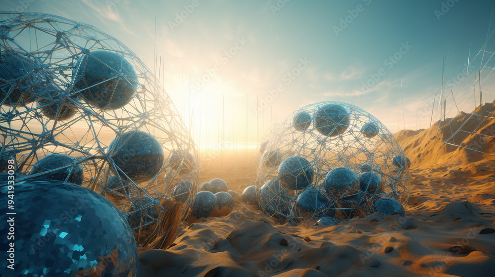 Poster Abstract scfi-fi landscape with connected 3D balls and molecular grid structure. Futuristic surreal abstraction.